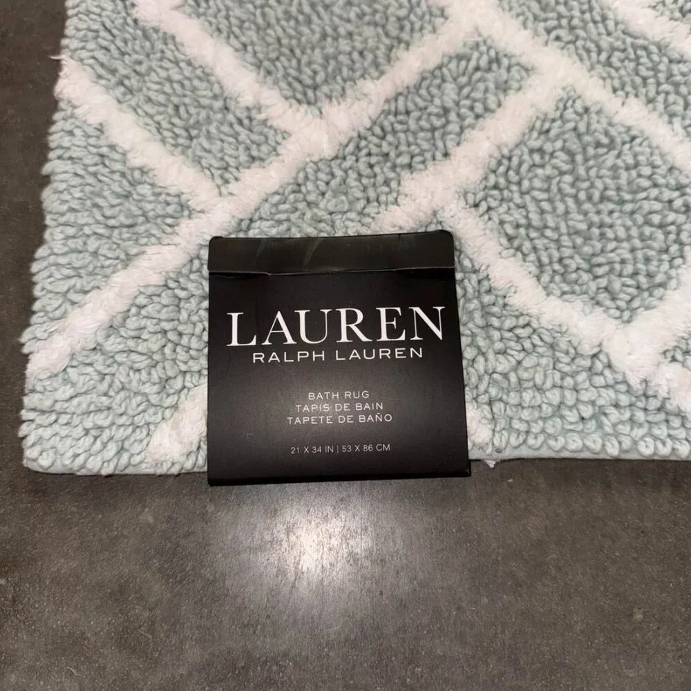 Ralph Lauren 21 x 34 Mint Green White Bath Mat Rug Geometric Striped Cotton